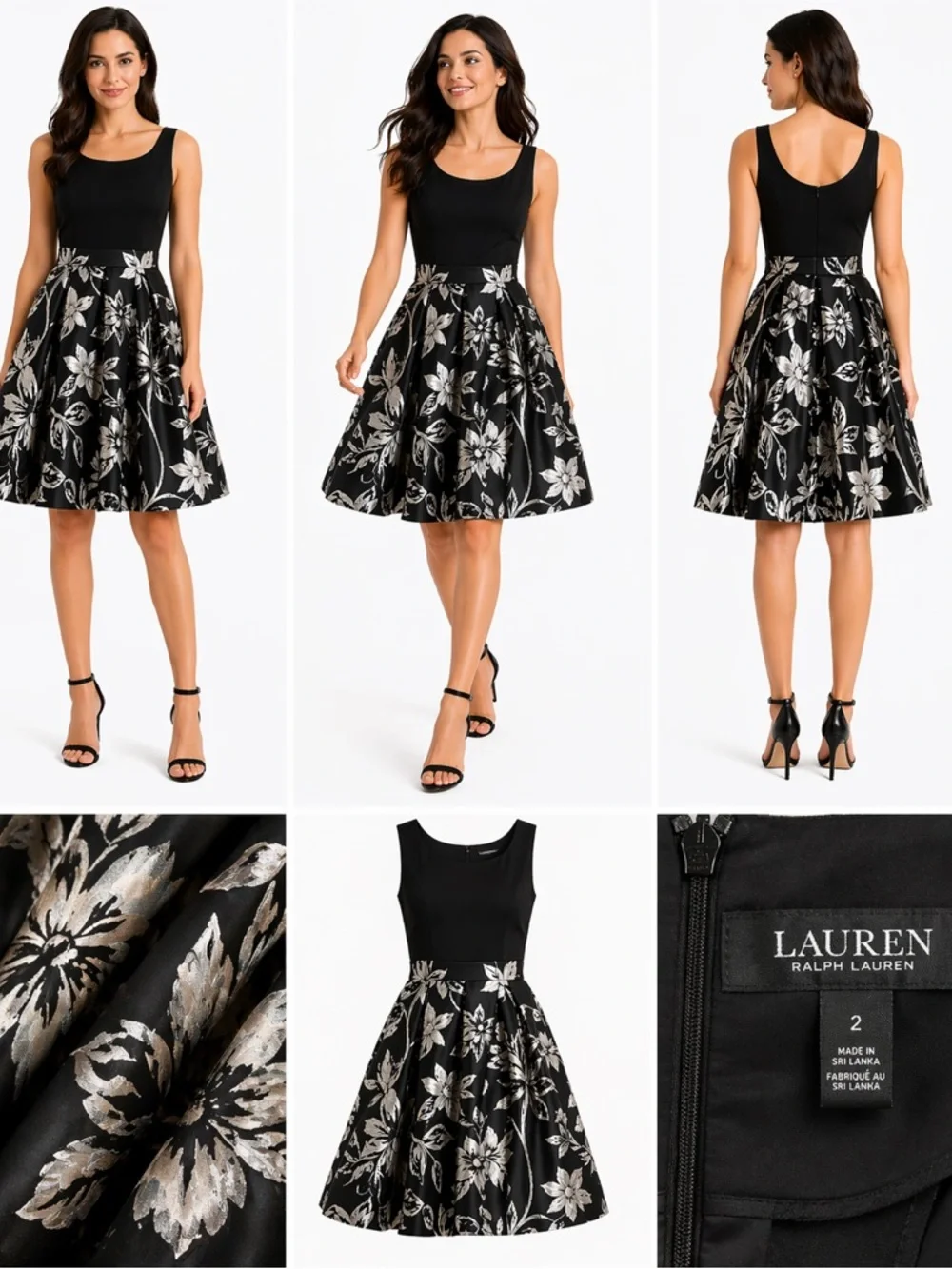 Lauren Ralph Lauren Black Floral Jacquard Fit Flare Dress Sz 2 Sleeveless Party - Picture 4 of 11
